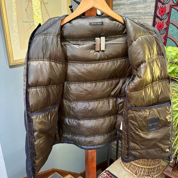 Zara Man Navy Blue, Down Insulated Puffer Jacket with Hood size XL - Picture 7 of 9